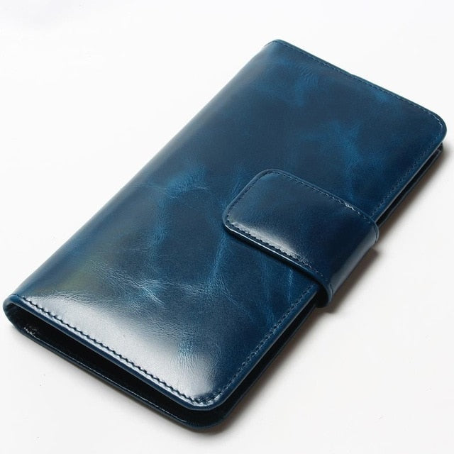 Women Multi-Card Oil Wax Leather Wallet Long Genuine Leaher Wallet Holder Good Quality Zipper Pocket Multi-Color Fashion Clutch